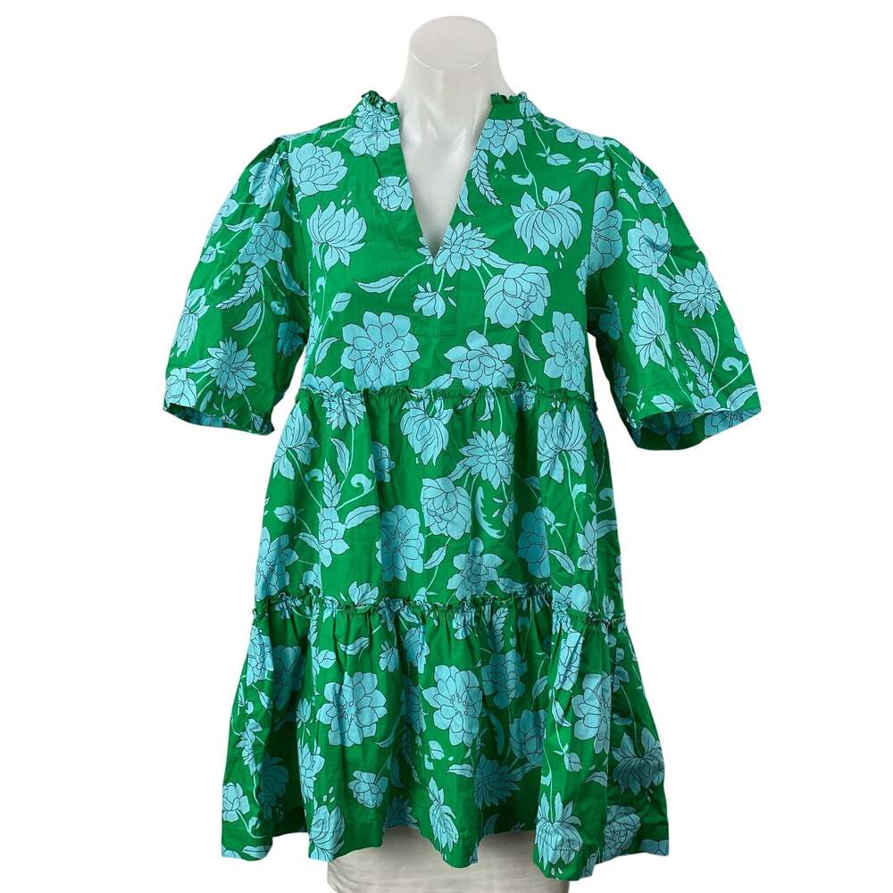 Sugarlips Women's Green Blue Waterlilly Floral Dixie Split Neck Shift Dress Sz S